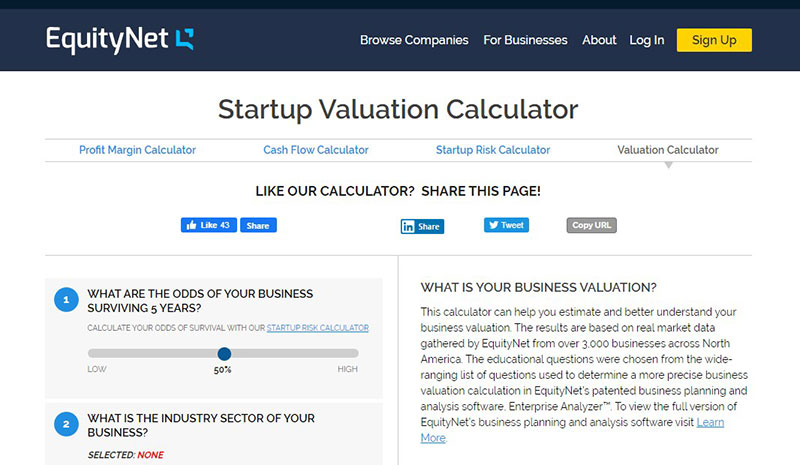 Startup Valuation Calculator by equity net